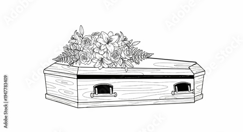 Wooden coffin with ornate flower arrangement on lid, stark black and white outline