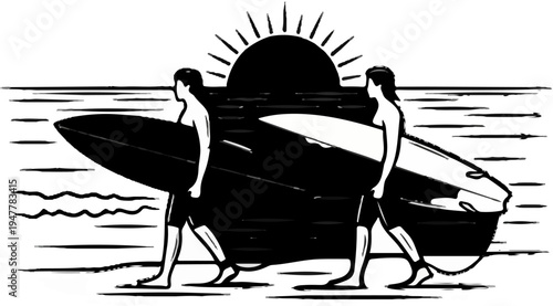 Two surfers walk on the beach at sunset with surfboards