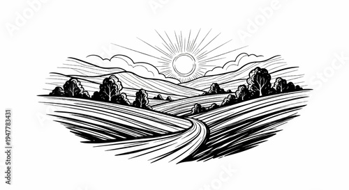 Stylized sun rises over rolling hills and a winding road