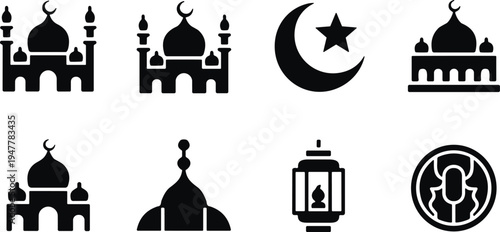 Islamic mosque and Ramadan symbol icon set with crescent moon, star, lantern and Arabic architecture silhouettes minimalist black vector collection for Eid design