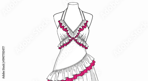 White halter dress with layered ruffles in pink and white, on a mannequin
