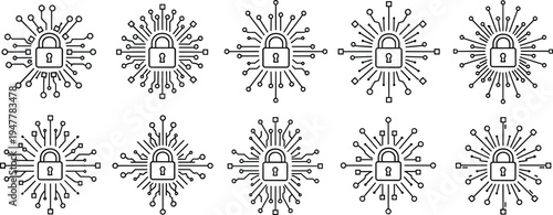 Padlock with Digital Network Connections Icon Set for Cybersecurity, Encryption, and Protection