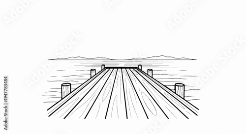 Wooden dock leading to calm waters with distant hills