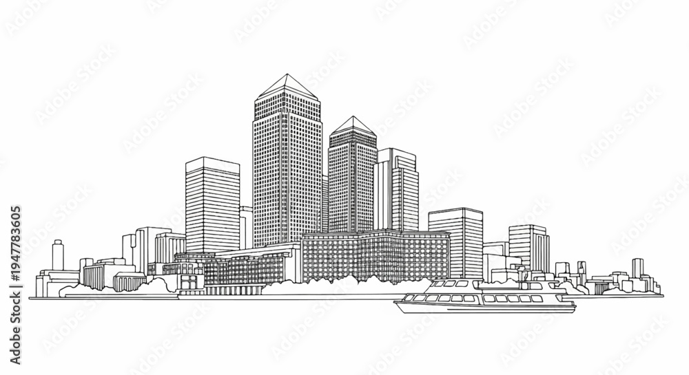 Fototapeta premium Monochrome line drawing of a modern city skyline with a boat