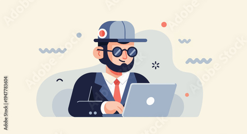 Person in business attire and hat working on a laptop, illustrated
