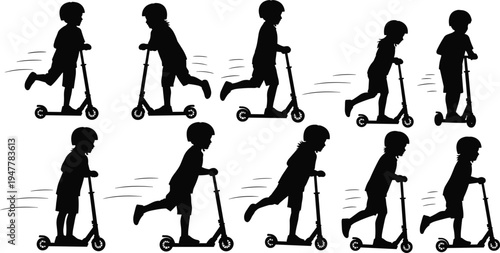 Kids Riding Scooters Icon Set in Action, Motion, and Fun