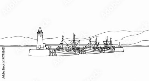 Lighthouse and fishing boats docked in a harbor with rolling hills in background