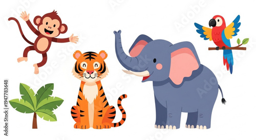 Adorable cartoon jungle safari animals set including a playful monkey, majestic tiger, gentle elephant, and a vibrant parrot, ideal for children's designs