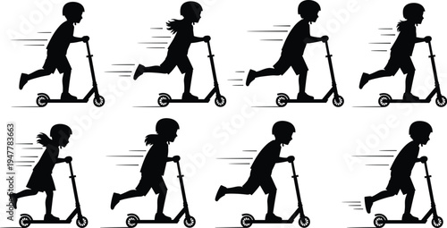 Children Riding Scooters Icon Set in Motion, Speed, and Fun Activities