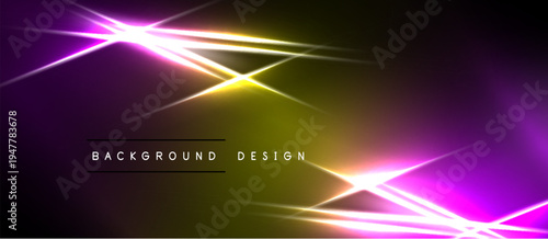 Abstract neon lines create dynamic gradient background. Vivid purple, gold hues dominate dark space. Modern design element.