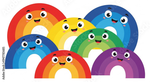 Colorful cartoon rainbows with smiling faces, a joyful illustration symbolizing happiness and diversity, perfect for playful and optimistic children's designs