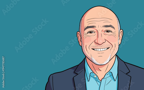 A man with a shaved head and beard smiles while wearing a suit. He stands against a solid blue background.