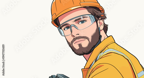A construction worker looks towards the camera while holding a tool. He wears a hard hat and safety glasses at a job site.