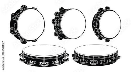 Collection of various percussion instruments tambourines and drums shown in silhouette