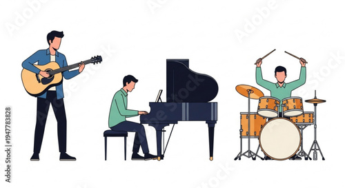 Illustration of three musicians playing guitar, piano, and drums in a studio setting