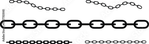 Metal chain silhouette set featuring linked chains in different styles isolated on white background concept for strength connection security industrial and mechanical design