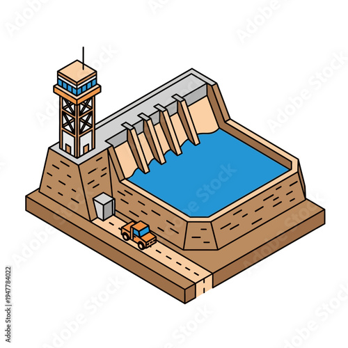 Isometric illustration of a large dam with a control tower and a car on a road leading to it, showcasing water management and infrastructure.