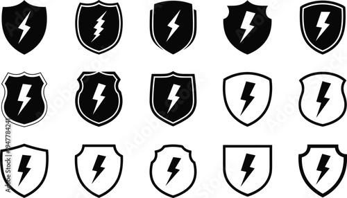 Shield with Lightning Bolt Icon Set for Power, Protection, and Security Symbols