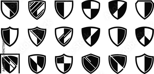 Split and Cracked Shield Icon Set with Geometric Design for Protection, Security, and Vulnerability