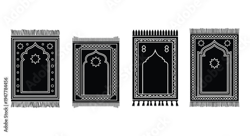 Four ornate islamic prayer rugs with geometric and floral designs