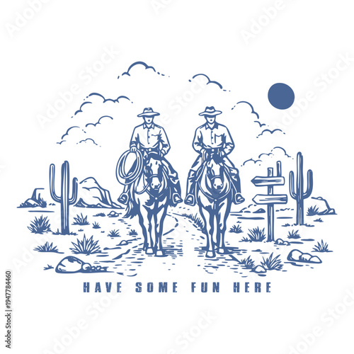 Two Cowboys on Horseback. Classic Western Trail Scene