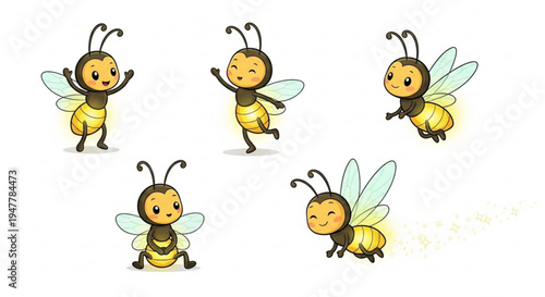 A delightful collection of adorable cartoon bees buzzing with joy, depicted in various playful poses, bringing a cheerful and lively energy