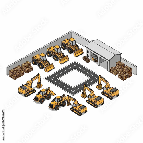Isometric view of construction vehicles and a warehouse in a yard.