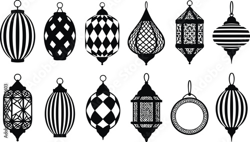 Ramadan lantern ornament silhouette set with traditional Arabic fanous hanging lamps decorative Islamic light icons black vector collection for Eid Mubarak celebration design