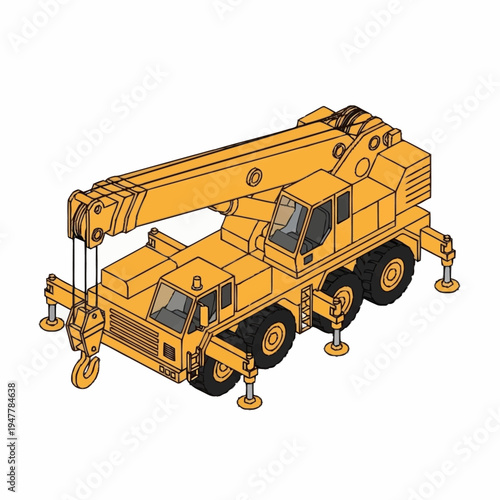 Isometric illustration of a yellow mobile crane with an extended boom and support outriggers.