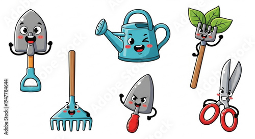 Cute gardening tools cartoon characters with happy faces, perfect for illustrations and designs related to gardening and home improvement projects