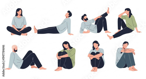 Diverse group of illustrated individuals captured in a variety of calm and thoughtful sitting positions, conveying feelings of relaxation, contemplation, and everyday human states