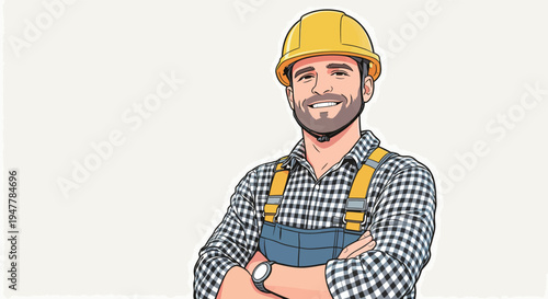 A construction worker stands with arms crossed, wearing a helmet and checkered shirt. The background is a simple color showing focus on the worker.