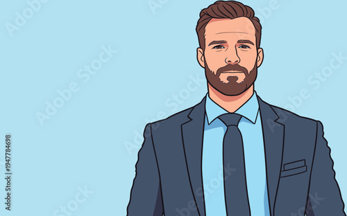 A man in a suit stands with a calm expression. He looks professional and approachable in a simple blue setting.