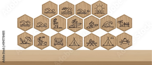 Wooden hexagon icons depicting various outdoor leisure activities and travel scenes