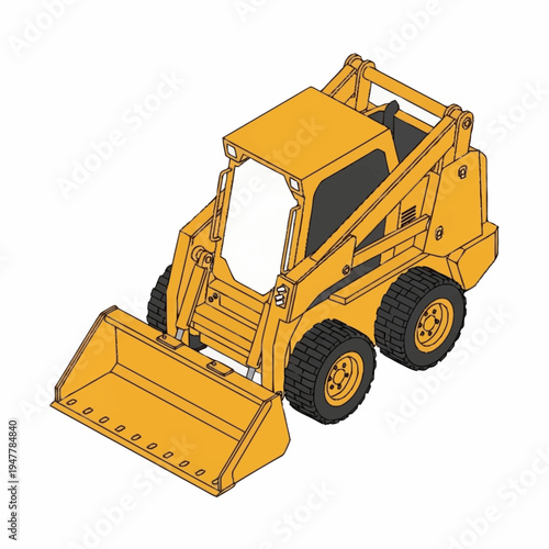 A detailed isometric illustration of a yellow skid steer loader with a front bucket, showcasing its compact design and rugged tires.