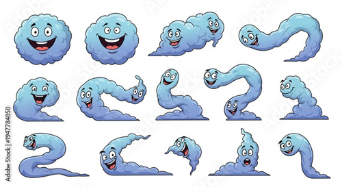 A charming collection of cheerful blue cartoon blob characters in various whimsical poses, each expressing happy and joyful emotions, perfect for playful designs