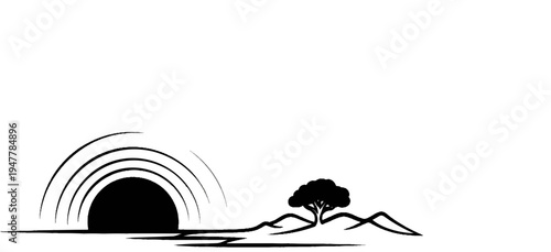 Stylized sun setting over rolling hills with a lone tree