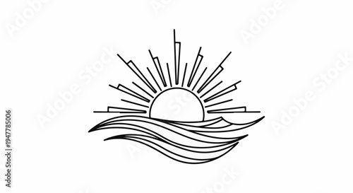 Stylized sun setting over waves, a simple graphic illustration