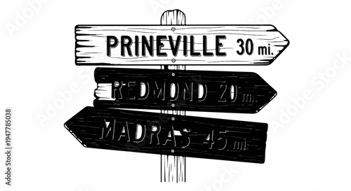 Wooden signpost with directional arrows to three cities