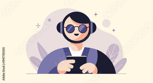 Minimalist illustration of person with headphones reading a book