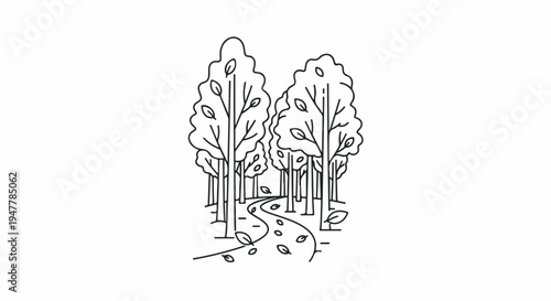 Winding path through trees with fallen leaves, minimal line art