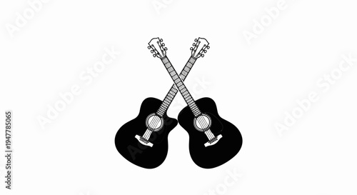 Two black acoustic guitars crossed over a white background