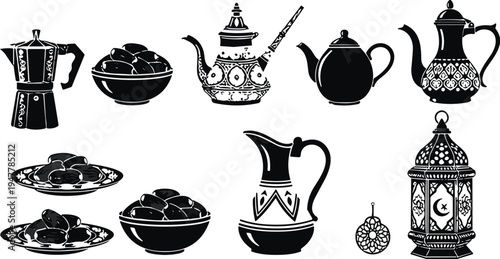 Ramadan traditional food and drink icon set with Arabic coffee pots, dates bowls, lantern and teapots Islamic culture silhouette collection for Eid design