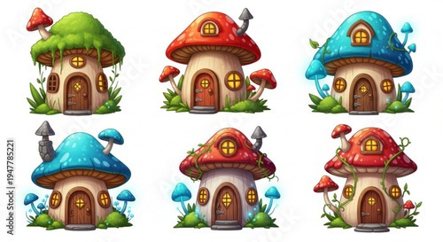 Whimsical mushroom houses adorned with nature's charm and enchanting details, perfect for fantasy and storybook illustrations
