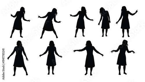 A set of black silhouettes of a woman dancing