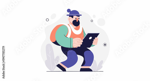 Man with beard, hat, and vest using a tablet outdoors