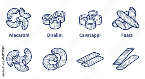 Variety of Italian Pasta Shapes - Macaroni, Ditalini, Cavatappi, Feats