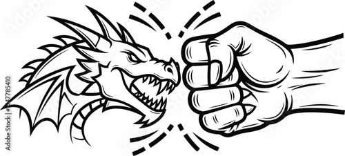 Black and white of a dragon head facing a clenched fist impact