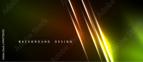 Dark background features vibrant neon lines. Gradient colors blend from gold to green. Minimalist design with text overlay.