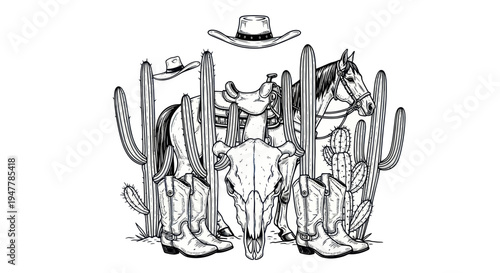 Wild West Cowboy Boots, Horse, Cactus, and Skull Illustration